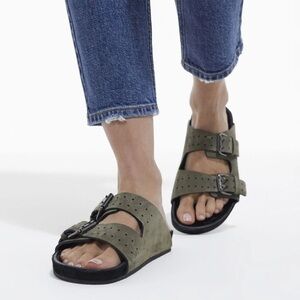 The Kooples NWB SZ‎ 36 Kaki Vestaire Olive Green and Black Sandals w Cork Sole